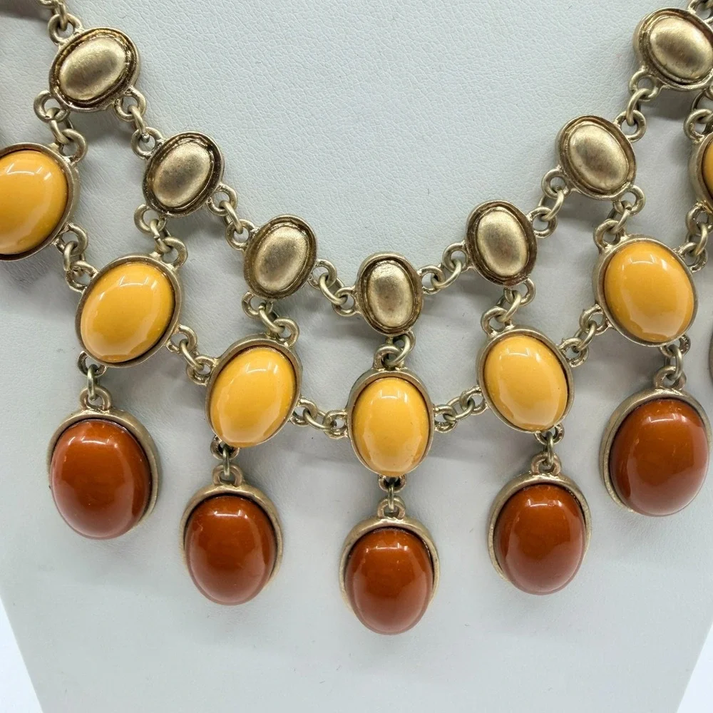 Vintage Amber & Yellow Cabochon Gold Tone Layered Bib Necklace
